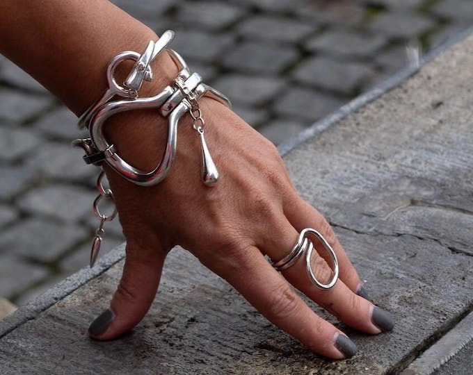 Unique edgy silver statement metal cuff bracelet