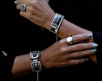 Strong metal and soft leather cuff bracelets, Unique bracelets in unode50 style