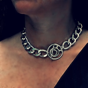 Chunky Cuban Link Chain Choker Necklace with Statement T-Clasp