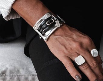 Uno de 50 style statement bracelet, Large metal and leather cuff, Unisex gift, edgy and bold jewelry, Unique standout cuff