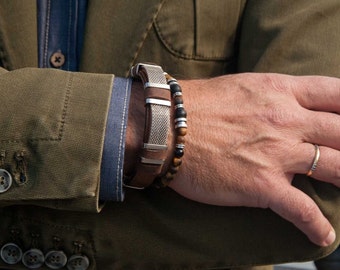 Bracciale da uomo con catena piatta in argento su pelle, bracciale unico in pelle marrone chiaro per uomo, bracciale in argento e pelle per uomo, bracciale per uomo