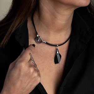 Elegant leather necklace with Austrian crystal pendant, Classy black choker