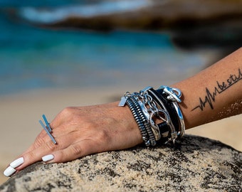 Edgy bracelet set, Wrap leather and metal bracelets for every day rock style look, unisex cuffs
