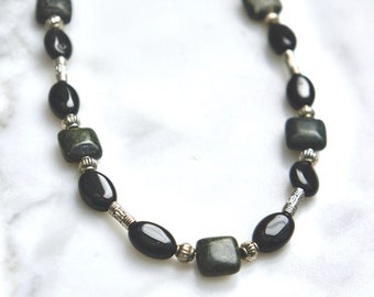 Quartz bead necklace, black quartz, green quartz, stone bead necklace, beaded jewelry, black and green, handmade, The Jewelers Wife.
