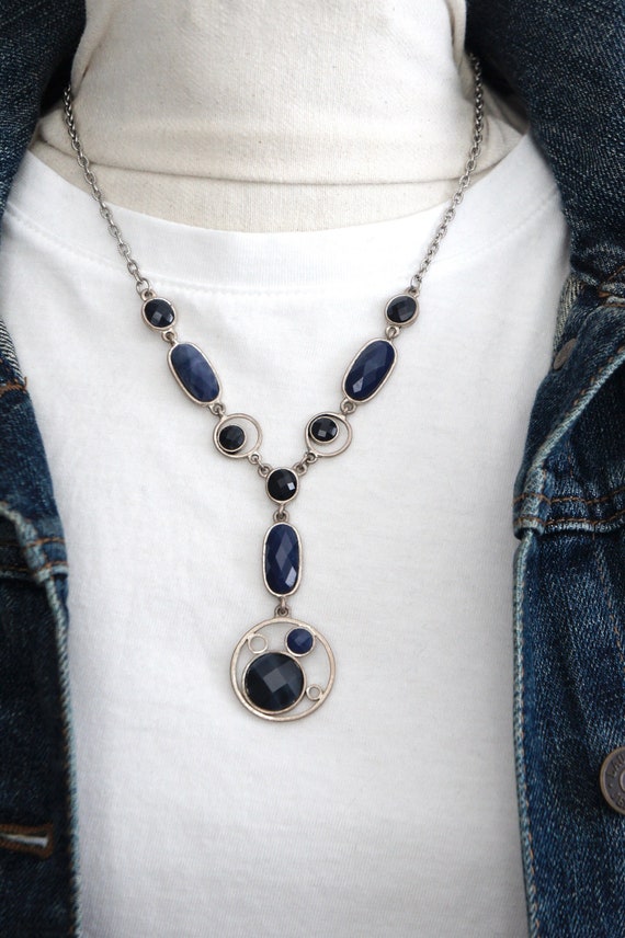 Vintage 70's necklace, navy blue vintage necklace,