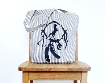 Southwestern Horse Dreamcatcher Tote Bag, Striped Ticking Fabric