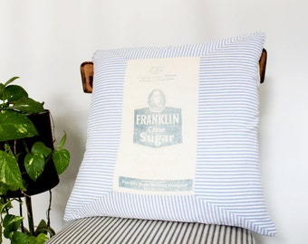 Vintage Feedsack Pillow Cover 17 x 17 Franklin Sugar Cotton Blue and White Striped Pillow, Southern Inspired Decorative Pillow, Rustic Decor