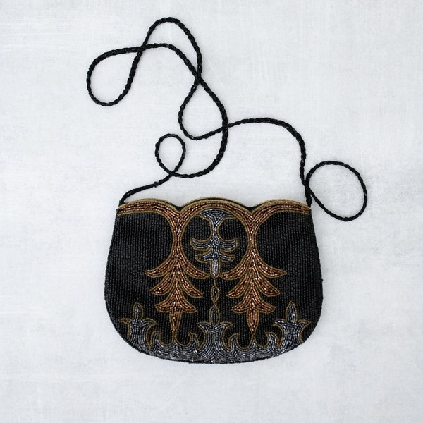 vintage beaded evening bag, beaded purse 1920's inspired, black silver copper tone beaded bag, La Regal beaded bag vintage, flapper purse