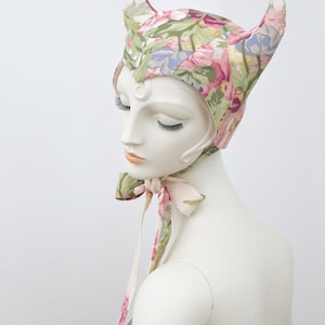 Floral Devil Horn Bonnet, Rococo Inspired vintage 1940s fabric, horned headdress