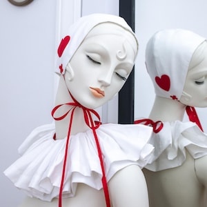 pierrot cap and neck ruffle red hearts, pierrot costume, clown costume, French clown costume, clown hat and collar, clown costume hearts