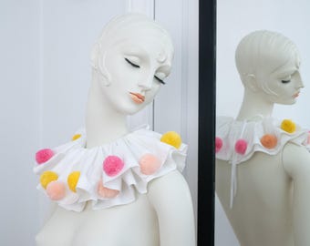 clown collar white cotton with colorful pom poms tie on pierrot ruff circus costume