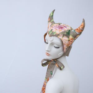 Devil Horn Bonnet in 1970&#39;s bold floral rusts oranges blues cotton fabric , devil hood, devil costume, horned hood, halloween costume hood