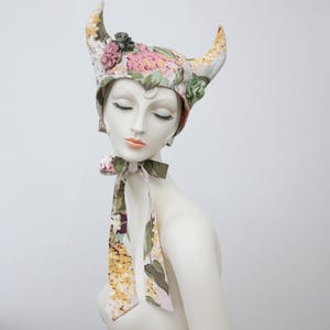 Devil Horn Bonnet: Vintage Floral Print, Ribbon Roses, Rococo Headwear