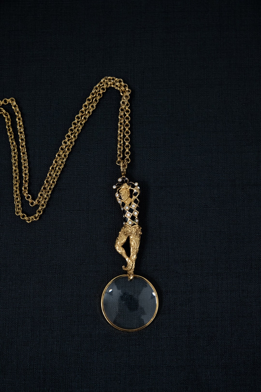 Magnifying Glass Pendant Necklace With Court Jester Gold Tone Harlequin