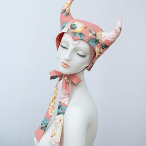 devil horn bonnet rococo inspired peachy orange tones floral roses, devil hood, horned hood, silk lined devil horn hood, Satyr bonnet