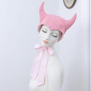 Devil bonnet pink with plaid yellow and lavender lines, devil horn hat, Satyr  horned bonnet, horned hood, pink devil bonnet devil costume
