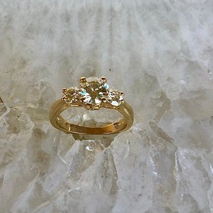 Classic 3 Stone Ring, 14 Karat Yellow Gold, 1 carat  Moisanite & Diamond, size 5 3/4