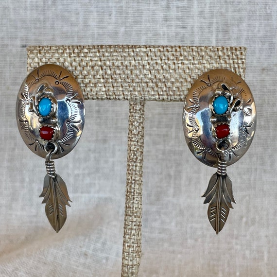 Navajo Earrings, turquoise and coral, Sterling silver feather
