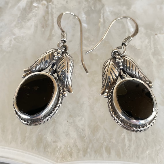 Onyx drop earrings, sterling silver
