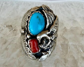 Southwest EAGLE Mans ring, Sterling Silver, Turquoise and Coral, size 11