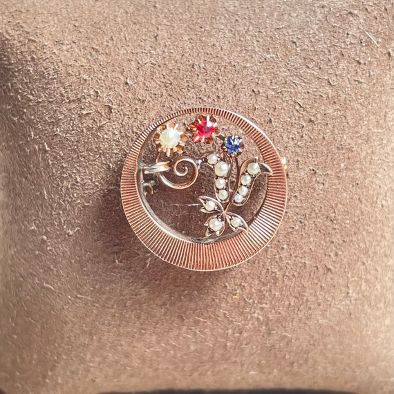 Rose gold vintage circle pin, 9k gold, Natural ru… - image 7
