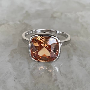 Padparadscha ring, sterling silver, cushion cut, lab grown gemstone, size 6 and 7 available