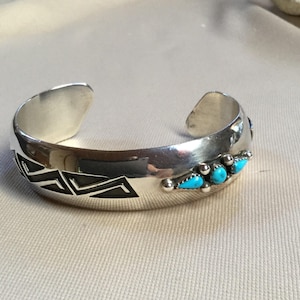 Navajo cuff bracelet, vintage Navajo bracelet, Billy Betoney, Navajo artist designed, turquoise and Sterling silver