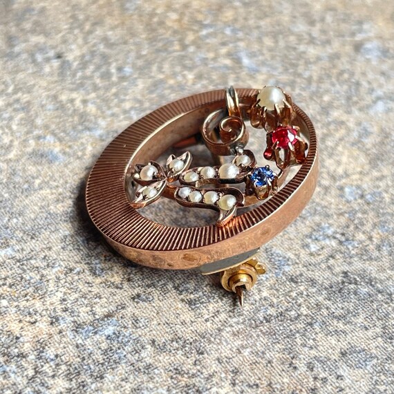 Rose gold vintage circle pin, 9k gold, Natural ru… - image 5