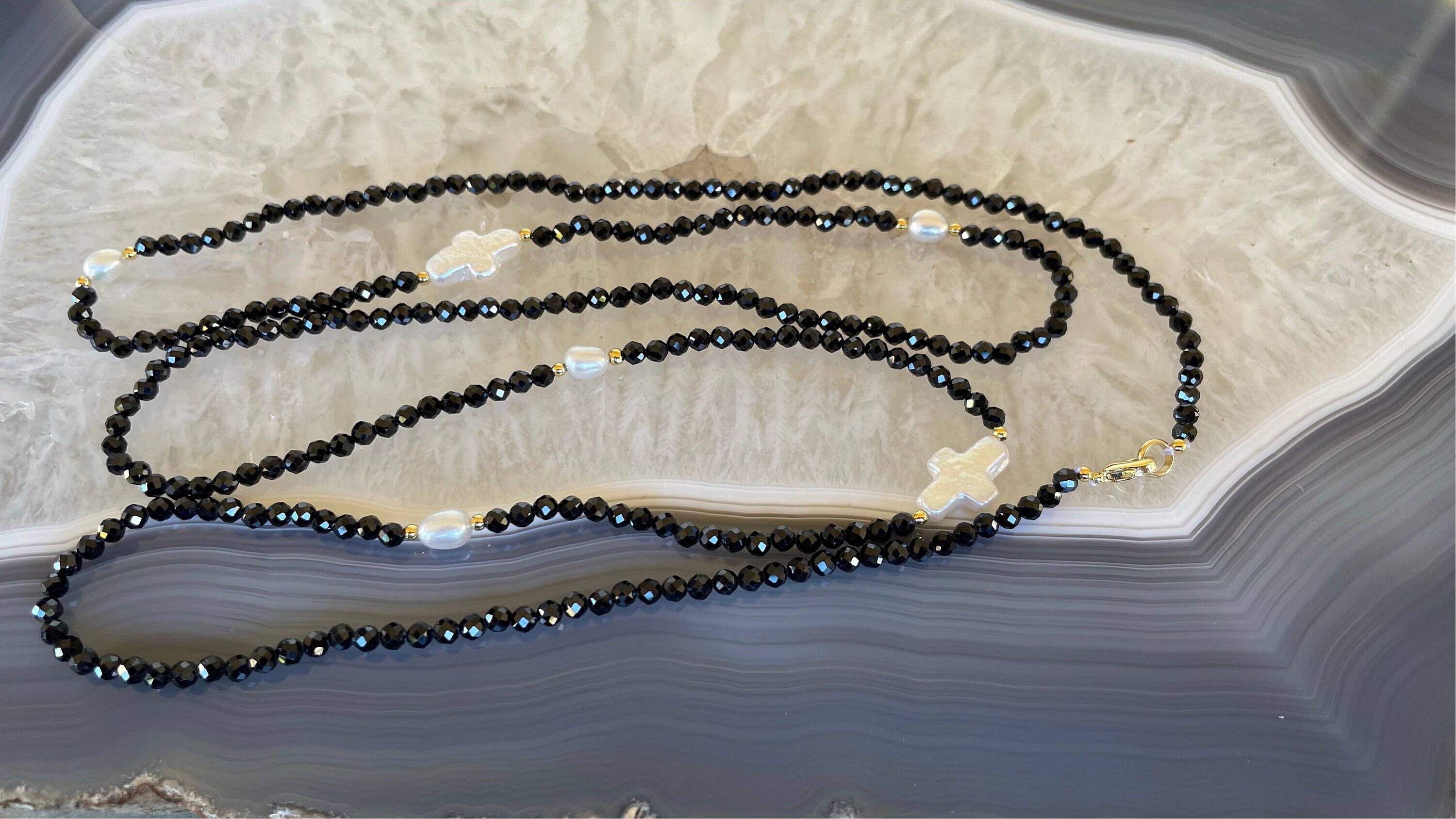Pearl Cross Beads With Faceted Onyx, Long Elegant 34” - Etsy