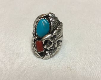 Southwest EAGLE Mans ring, Sterling Silver, Turquoise and Coral, size 11