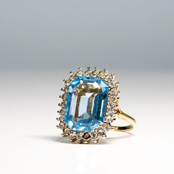 Designer Lady Remington Large Blue Sky and Clear Swarovski Crystals Ring 14KT HGE Electroplated  Marked  Size 9 1/2 Estate Market