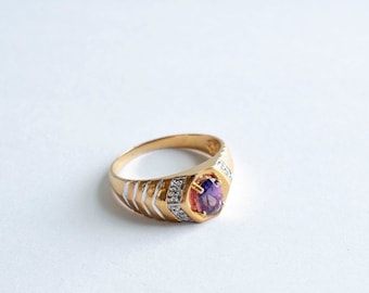 Amethyst Birthstone Ring, 14k GP, CZ Chevron Band, Size 10  Icy Cluster GMS Alloy