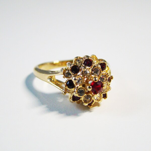 Vintage Victorian Garnet Ring ESPO 14KT Yellow Gold HGE Garnet Ring Esposito Gemstone Dazzling Crystals Size 6 1/4