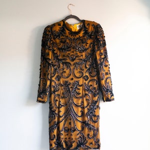 Vintage Niteline Beaded Sequins Black Antique Gold 100% Silk Heavy Gatsby Dress Knee Length Size 10 Long Sleeve  Multi-Color Formal Dress