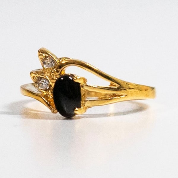 Tiny One Stone Black Onyx & Clear Crystals Ring 18Kt HGE Gold plated Cocktail Ring Size 6 Designer Ring