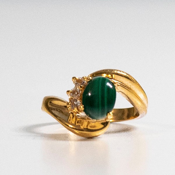 Bypass Malachite Gemstone Ring with Swarovski Crystals  Heart Chakra Stone 18Kt HGE Yellow Gold Ring, Size 6 1/2 hallmarked