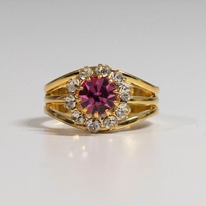 Anello vintage in cristallo rosa: bigiotteria floreale in oro HGE, misura 7 regolabile