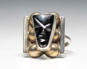 Vintage Sterling Silver Mayan Aztec Warrior Onyx Ring, Size 5 Mexico