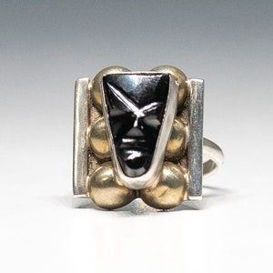 Sterling Mayan Aztec Ring Mexico Sterling Silver Carved  Warrior Face Onyx Ring Size 5