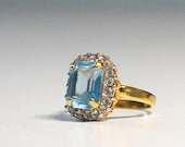 Vintage Ana BeKoach 18k HGE Gold Filled Emerald Cut Sky Topaz and Clear Crystal Rhinestone Ring Size 6 Estate Jewelry