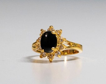 Vintage Art Deco Onyx Gemstone & Clear CZ Stones Ring 18Kt HGE Yellow Gold Cocktail Ring  Size 5