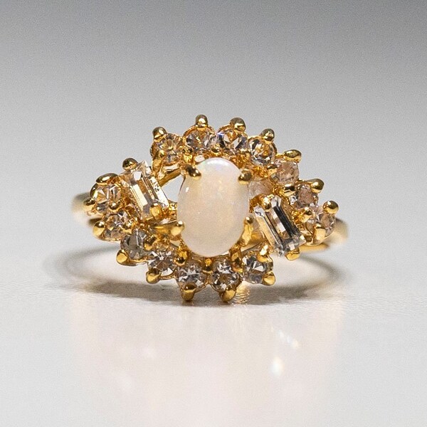 Vintage Art Deco Opal Gemstone & Clear CZ Stones Ring 18Kt HGE Yellow Gold Cocktail Ring  Size 8