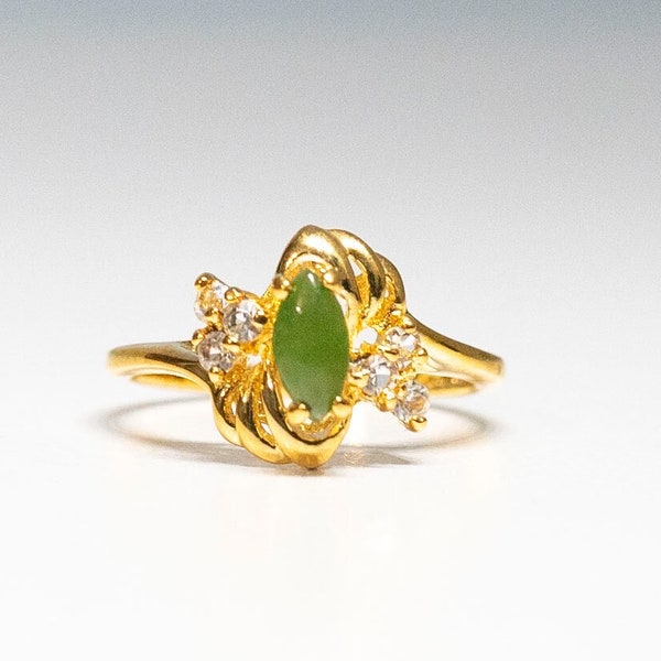 Rich Marquise Jade & Clear CZ Stones Ring Lots of Sparkling 18Kt HGE Yellow Gold Cocktail Ring Size 9 semi-precious Stone