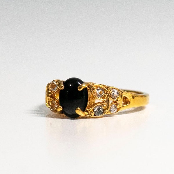 Estate Ring 18 KT HGE Gold Onyx and Diamond Rhinestone Ring Electroplated Yellow Gold Size 8 Estate Jewelry