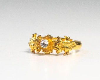 Victorian Diamond Cut CZ Rhinestone  Band  14KT Yellow Gold Plated Tiny Ring Size 6 Adjustable Estate Jewelry