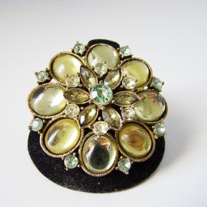Vintage Floral Bronze and Green Crystals Large Vintage Pin Pendant Brooch Estate Jewelry Floral Gem Filled West Germany Excellent