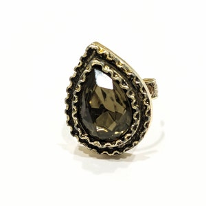Vintage Old Fashioned Ring Czech Teardrop Smoke Topaz Crystal Cabochon Cluster Ring Bohemian Layered European Ring Adjustable Cocktail Ring