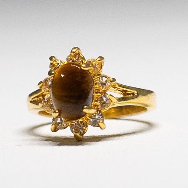 Tigers Eye Yellow Gold 18KT HGE Size 5 Fashion Ring Sparkling Crystals Jewelry Cocktail Ring