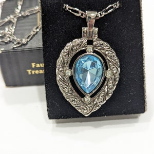 Vintage Avon Faux Marcasite Treasures Necklace Pendant Teardrop Blue Stone 1994 Designer Jewelry Avon New Old Stock 98