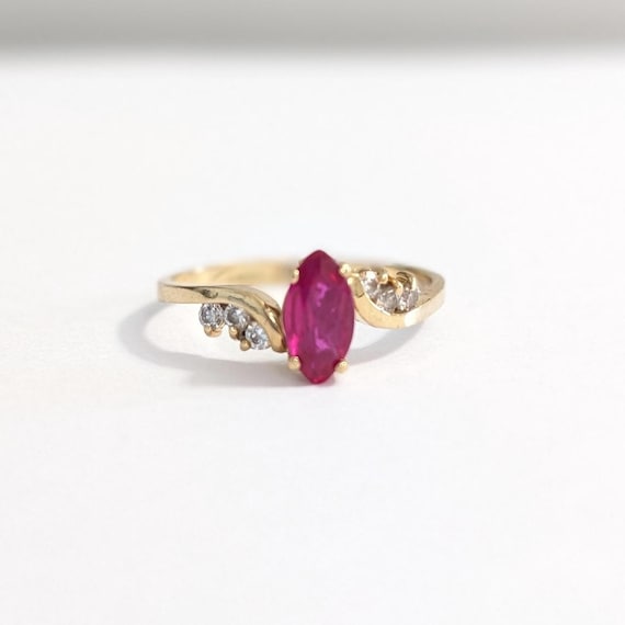 14k Gold Lab Ruby Ring: Marquise Cut with Zircon … - image 1